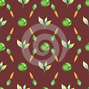 Vegetable pattern on a brown background. Watercolor illustration of fresh vegetables. Natural food, healthy food, vegetarianism.