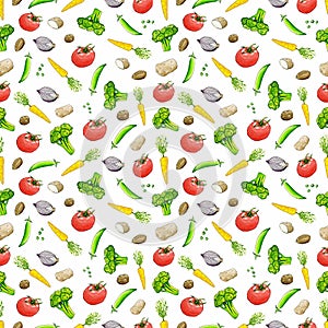 Vegetable pattern with peas and onions, potatoes, broccoli, tomato, carrot for decorating dishes, textiles, menus, kitchen tiles