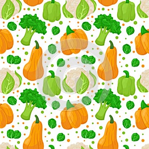 Vegetable pattern. Seamless print of cartoon cauliflower broccoli green pepper pumpkin. Vector texture of vegan food