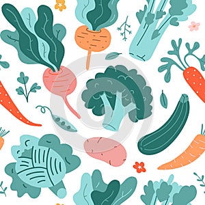 Vegetable pattern, seamless vector background, various veggies, broccoli, cabbage, radish and beet root. Colorful doodle