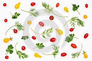 Vegetable pattern of tomatoes, parsley, dill on white