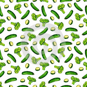 Vegetable pattern with zucchini and broccoli. For decorating dishes, textiles, menus, kitchen tiles
