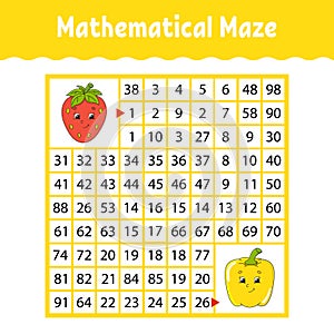 Vegetable pepper, strawberry. Mathematical square maze. Game for kids. Number labyrinth. Education worksheet. Activity page.