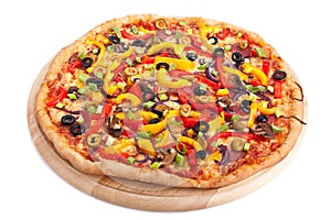 Vegetable pizza on a board