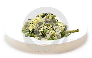 Vegetable risotto with cheese on white plate