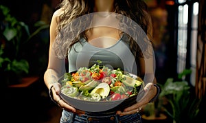 Vegetable salad bowl with avocado, egg in woman hands. Girl holds in hands vegan breakfast meal in bowl. Healthy eating concept