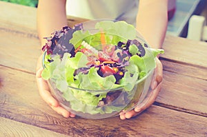 Vegetable salad bowl and fruit juice - healthy eating concept
