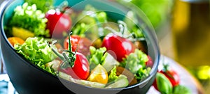 Vegetable salad bowl on kitchen table. Balanced diet