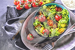 Vegetable salad bowl on kitchen table. Balanced diet