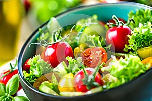 Vegetable salad bowl on kitchen table. Balanced diet