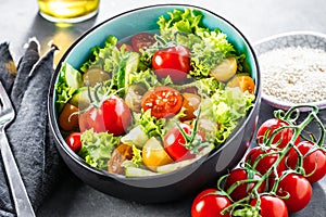 Vegetable salad bowl on kitchen table. Balanced diet