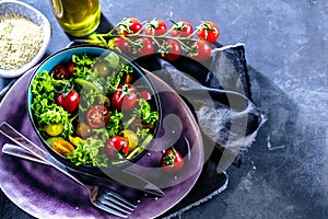 Vegetable salad bowl on kitchen table. Balanced diet