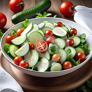 vegetable salad bowl on kitchen table, balanced diet