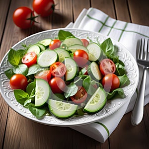 vegetable salad bowl on kitchen table, balanced diet