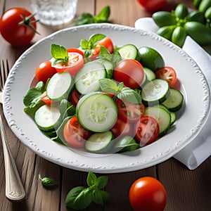 vegetable salad bowl on kitchen table, balanced diet