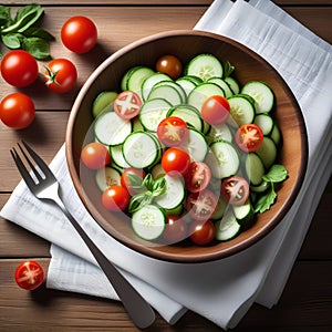 vegetable salad bowl on kitchen table, balanced diet