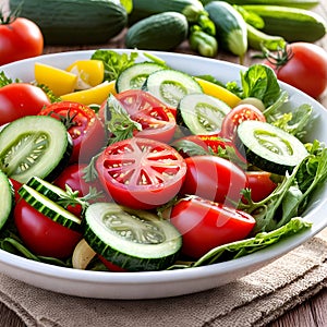 vegetable salad bowl on kitchen table, balanced diet