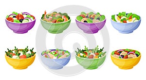 Vegetable salad. Cartoon bowls with healthy lettuce leaves and sauces. Summer light breakfast. Tomato and fish pieces