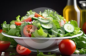 Vegetable salad with cucumber tomato iceberg lettuce leaf on a white plate