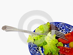 Vegetable salad and dish ready to eat and fork detail