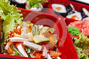 Vegetable salad. Fresh food portion in japanese bento box with salad, main course. Sushi roll with vegetables