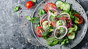 Vegetable salad of fresh tomato, cucumber, onion, spinach, lettuce cheese and sesame on plate. Diet menu. Top view.