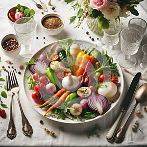 Vegetable salad with fresh vegetables on white table, top view