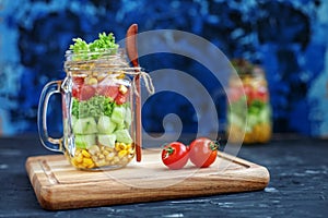 Vegetable salad in a glass jar. Healthy food, Diet, Detox, Clean