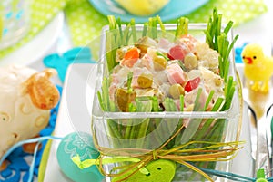 Vegetable salad with ham and mayonnaise for easter