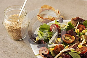 Vegetable salad with sesame seeds.