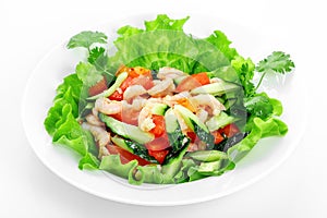 Vegetable salad with shrimp, cucumber, tomatoes, garlic, shrimp