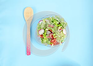 vegetable salad and spoon on a blue background