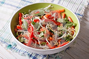 Vegetable salad with sprouts, peppers and sesame closeup. horizo