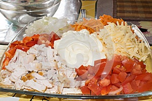 Vegetable salad of tomatoes, carrot onions and chicken