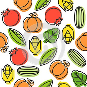 Vegetable seamless pattern, cucumber, tomatoes, corn, pea and sp