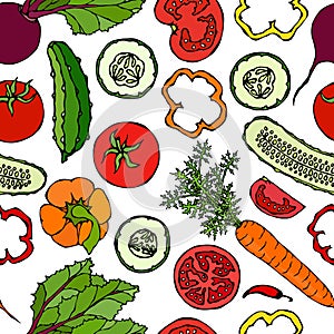 Vegetable Seamless Pattern with Cucumbers, Red Tomatoes, Bell Pepper, Beet, Carrot. Fresh Green Salad. Healthy Vegetarian Food. Ha