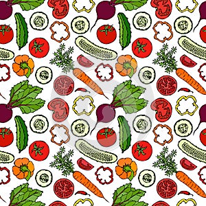 Vegetable Seamless Pattern with Cucumbers, Red Tomatoes, Bell Pepper, Beet, Carrot. Fresh Green Salad. Healthy Vegetarian Food. Ha