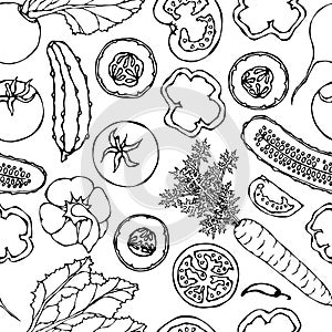 Vegetable Seamless Pattern with Cucumbers, Red Tomatoes, Bell Pepper, Beet, Carrot. Fresh Green Salad. Healthy Vegetarian Food. Ha