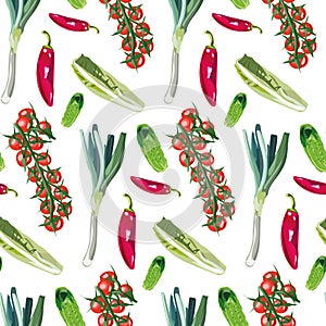 Vegetable seamless pattern with cute hand drawing. Tomatoes, leeks, cucumbers, chili peppers and cabbage hand drawn seamless