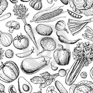 Vegetable seamless pattern. Hand drawn vintage vector background. Vegetarian set of farm market products.