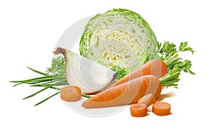 Vegetable set: cabbage, onion, carrot, scallion isolated on white background photo