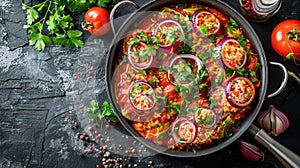 Vegetable shakshuka in a black skillet with parsley and onion garnish