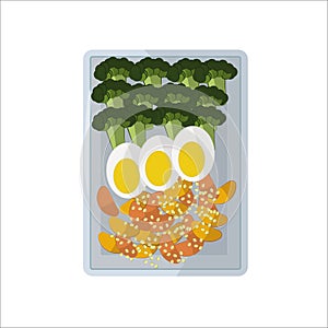 Vegetable slices on a white rectangular plate. Green broccoli, egg halves, fried potatoes, sesame seeds
