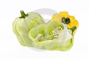 Vegetable of small yellow and green chili pepper habanero on white background