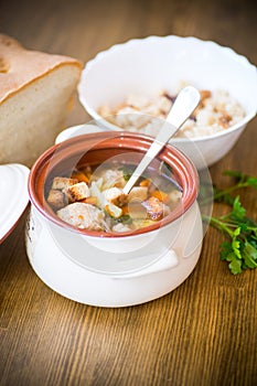 Vegetable soup with beans and meatballs in a ceramic bowl