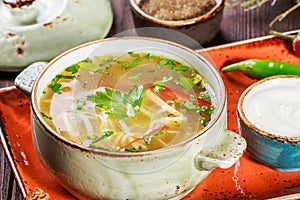 Vegetable soup, broth with noodles, herbs, parsley and vegetables in bowl with sour cream, spice, pepper, dried thyme and bread