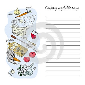 Vegetable soup is cooked in a saucepan, soup recipe. Hand-drawn vector illustration