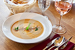 Vegetable soup on dinner table in restaurant