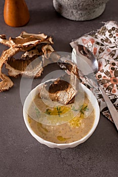 Vegetable soup with dried mushrooms on a table