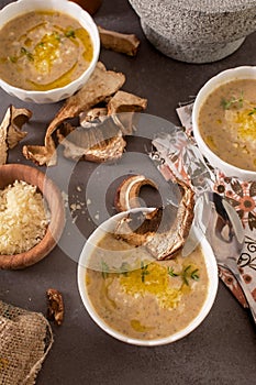 Vegetable soup with dried mushrooms on a table